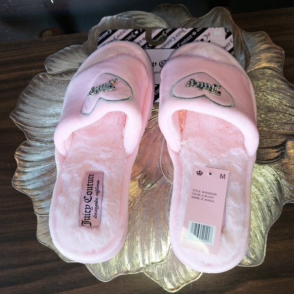 NEW Juicy Couture Pink Fuzzy Slide Slippers Juicy Rhinestone Logo Sz M 6.5-7.5 - Picture 3 of 5